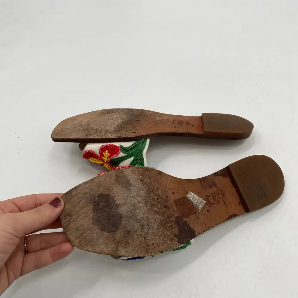 Tory Burch Multicolor Beads Embroidered Leather Bianca Slides Sandals